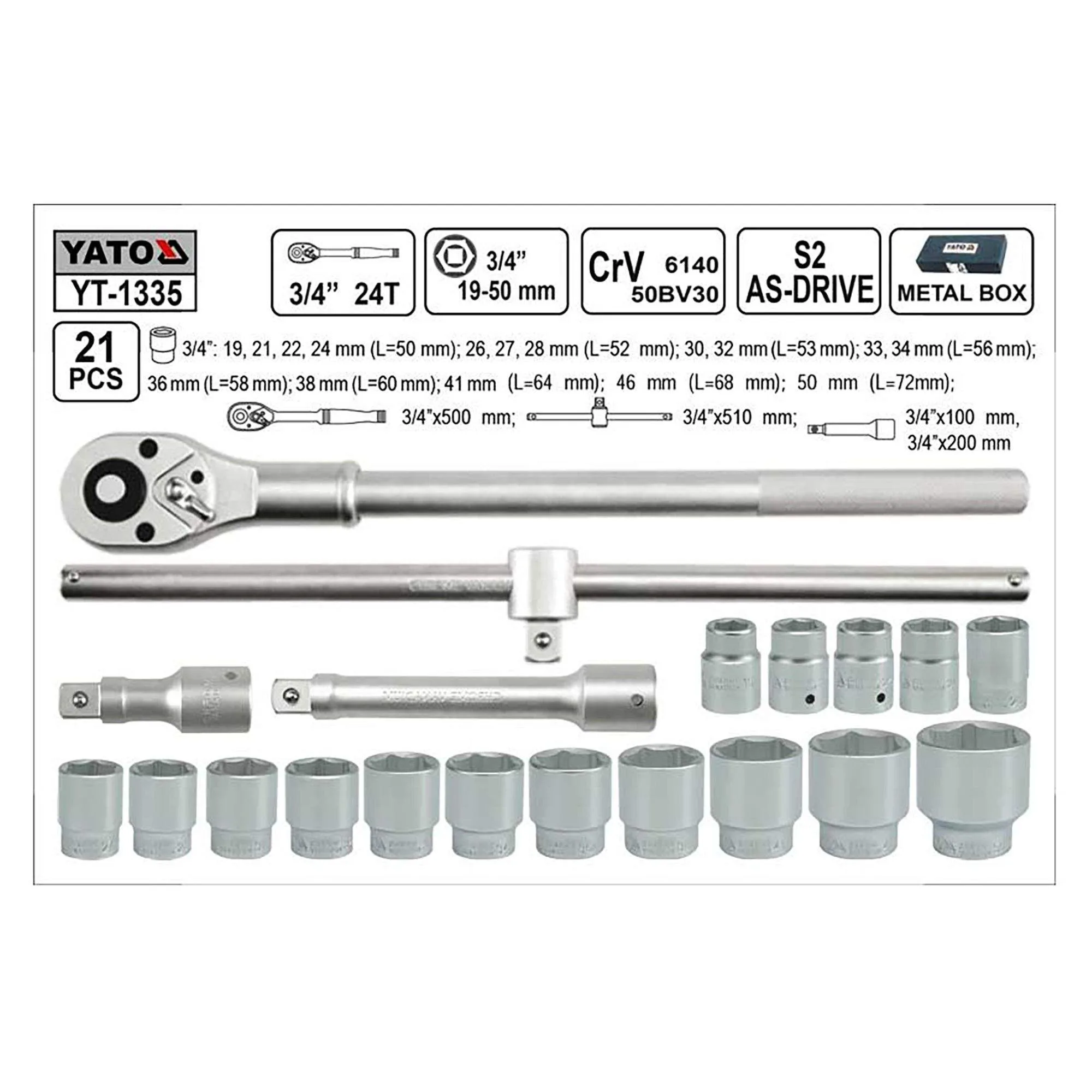 YATO YT-1335 3/4" DRIVE 21PCS SOCKET SET - Image 2