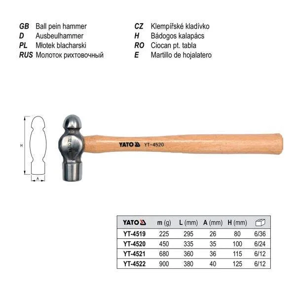YATO YT-4519 26MM BALL PEIN HAMMER - WOODEN HANDLE - Image 2
