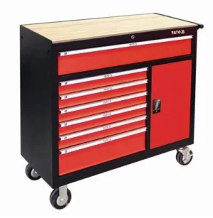 YATO YT-09141 7DRAWERS ROLLER CABINET WITH CUPBOARD AND SIDE PERFORATION, SELF-LOCK, NONSLIP WOODEN WORKTOP